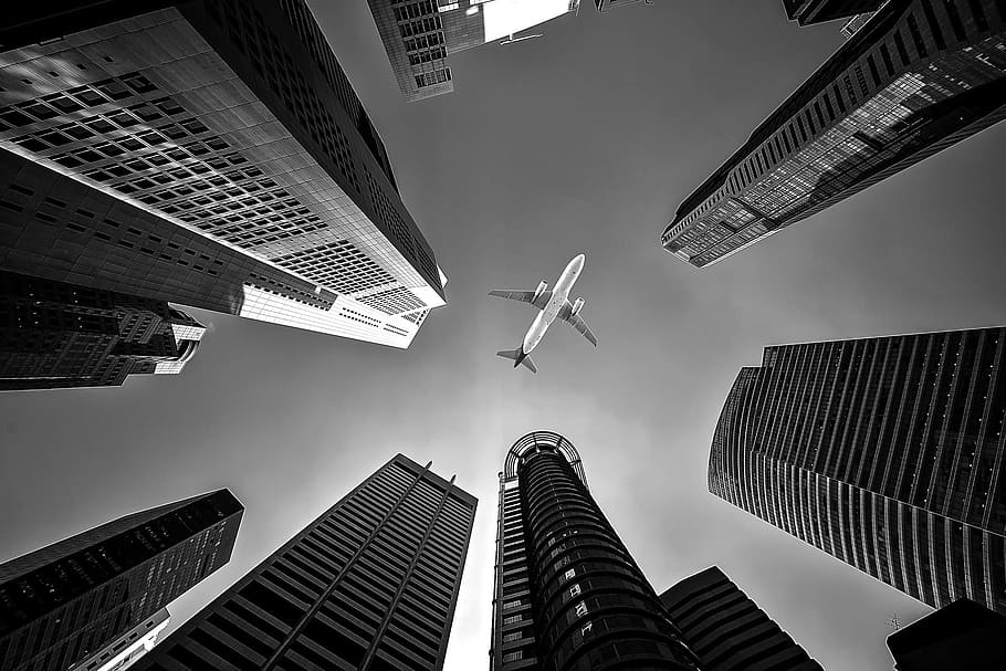 air, flying, plane, airplane, transport, high, height, building, city, urban