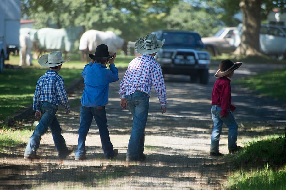 boys, cowboys, australia, rodeo, afternoon, hats, child, childhood, men, males