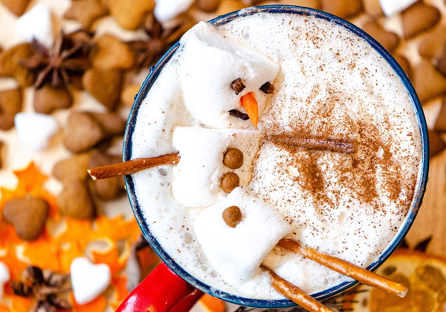 manusia salju, salju marshmallow, minuman, hangat, lezat, marshmallow, musiman, panas, mug, makanan dan minuman