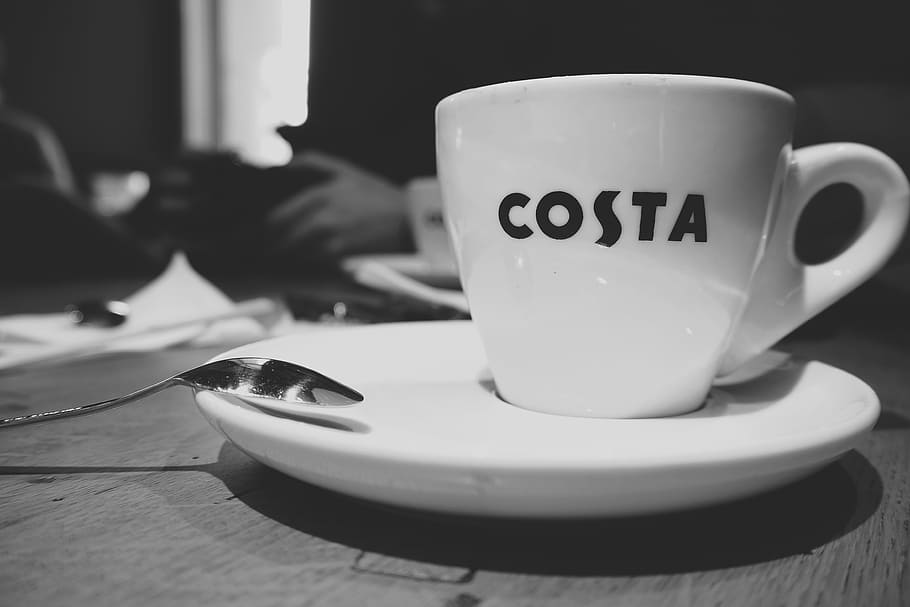 coffee, hot, drink, espresso, cup, saucer, spoon, costa, coffeehouse, coffeeshop