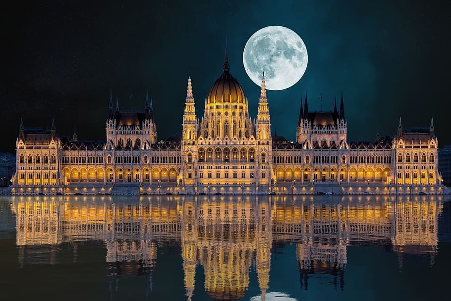 city, night, budapest, reflection, moon, hungary, architecture, lights, urban, lighting