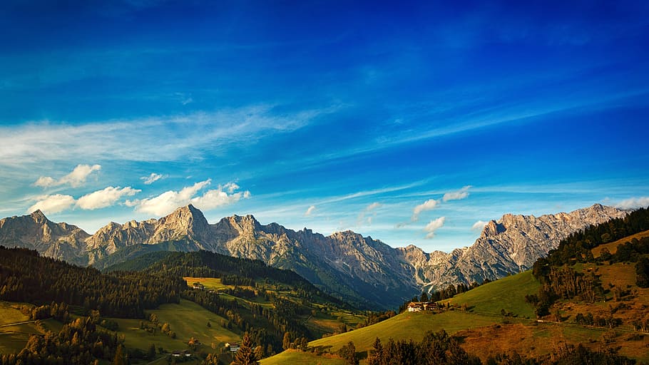 montanha, paisagem, céu azul, natureza, vista, cenário, cênico, dramática, belo, colina