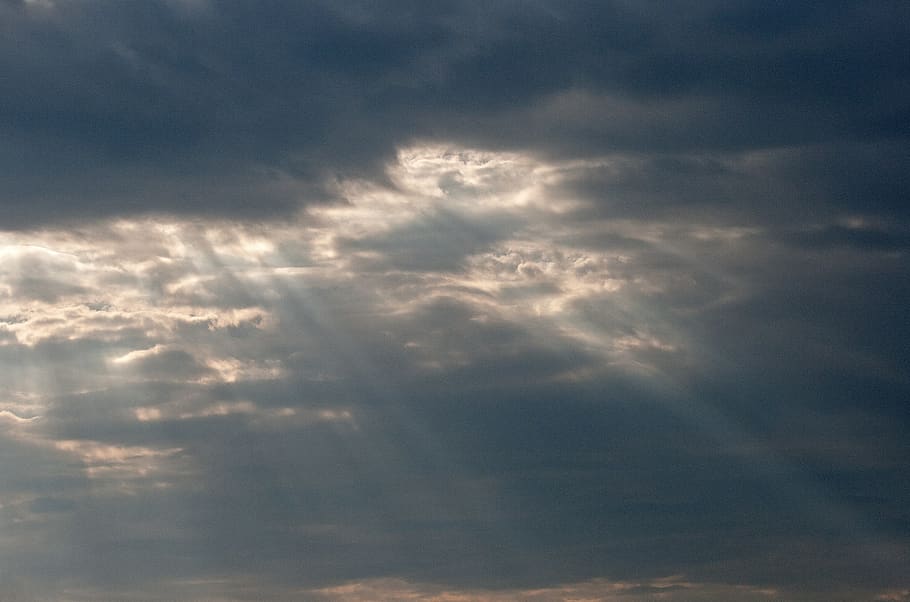 sunbeams protruding through clouds, clouds, sky, dark, light, rays, sunbeams, protruding, penetrating, white
