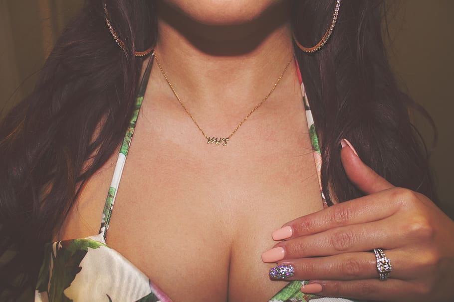 woman, cleavage, close-up, female, hand, fingers, tanned, jewelry, midsection, necklace