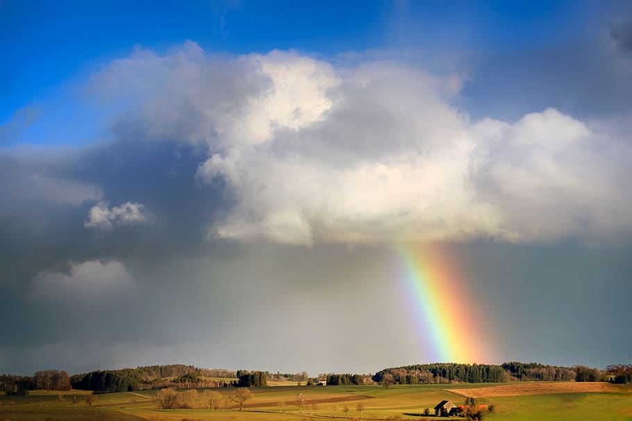 rainbow, cloud, evening sun, rain, landscape, sky, weather, sunset, field, house