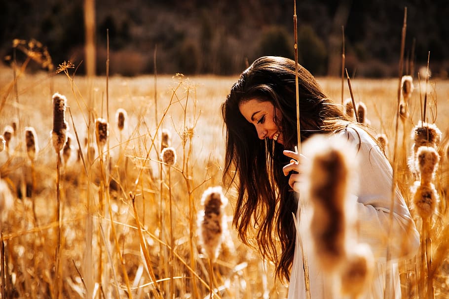 woman, crops, happy, female, girl, people, smile, field, wheat, one person