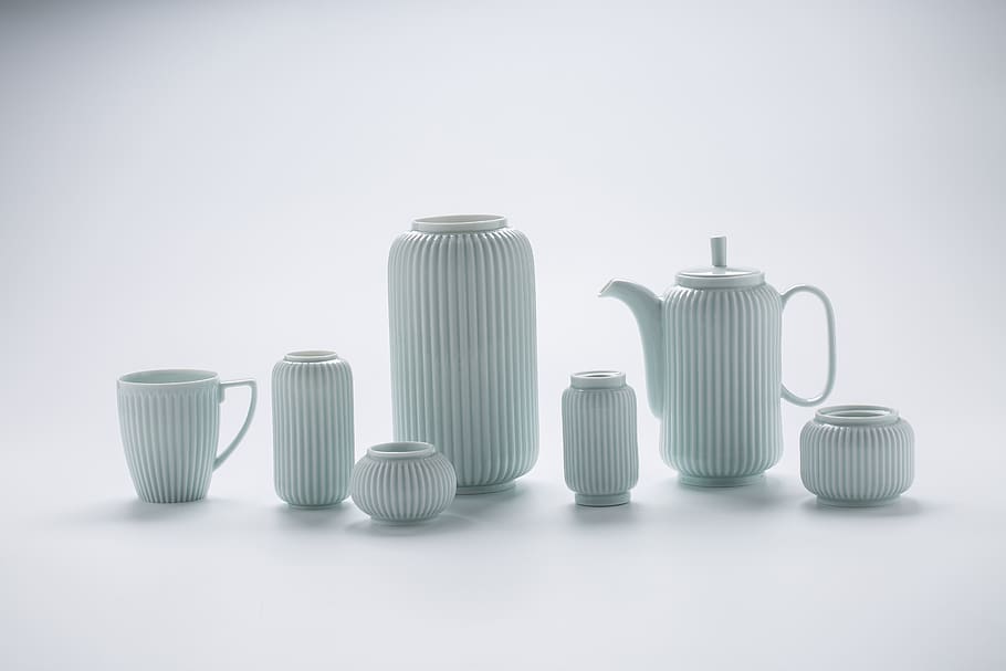 ceramics, vase, tea set, teapot, indoors, studio shot, copy space, still life, white background, food and drink