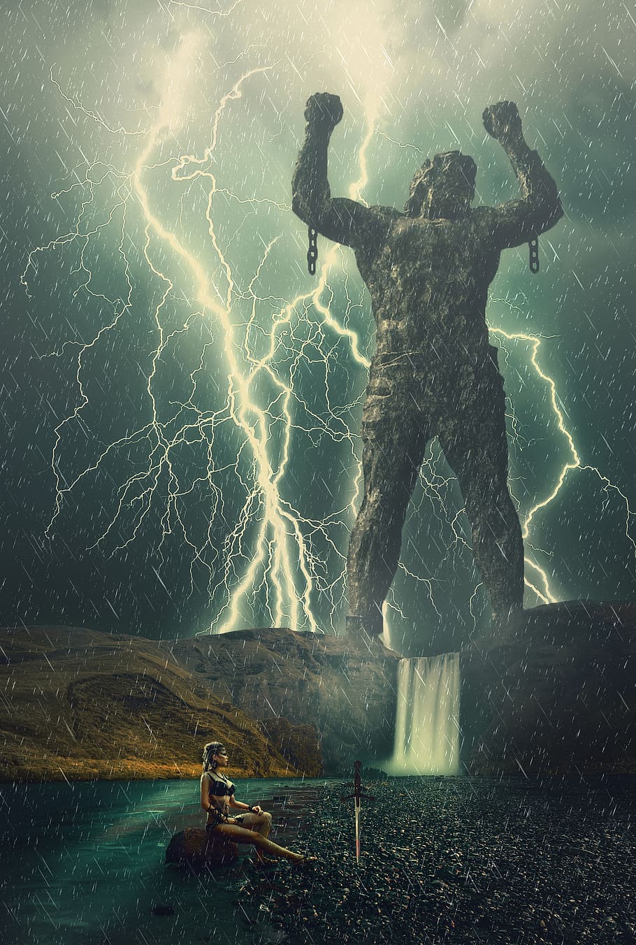 surreal, fantasy, girl, warrior, waterfall, landscape, statue, lightning, one person, nature
