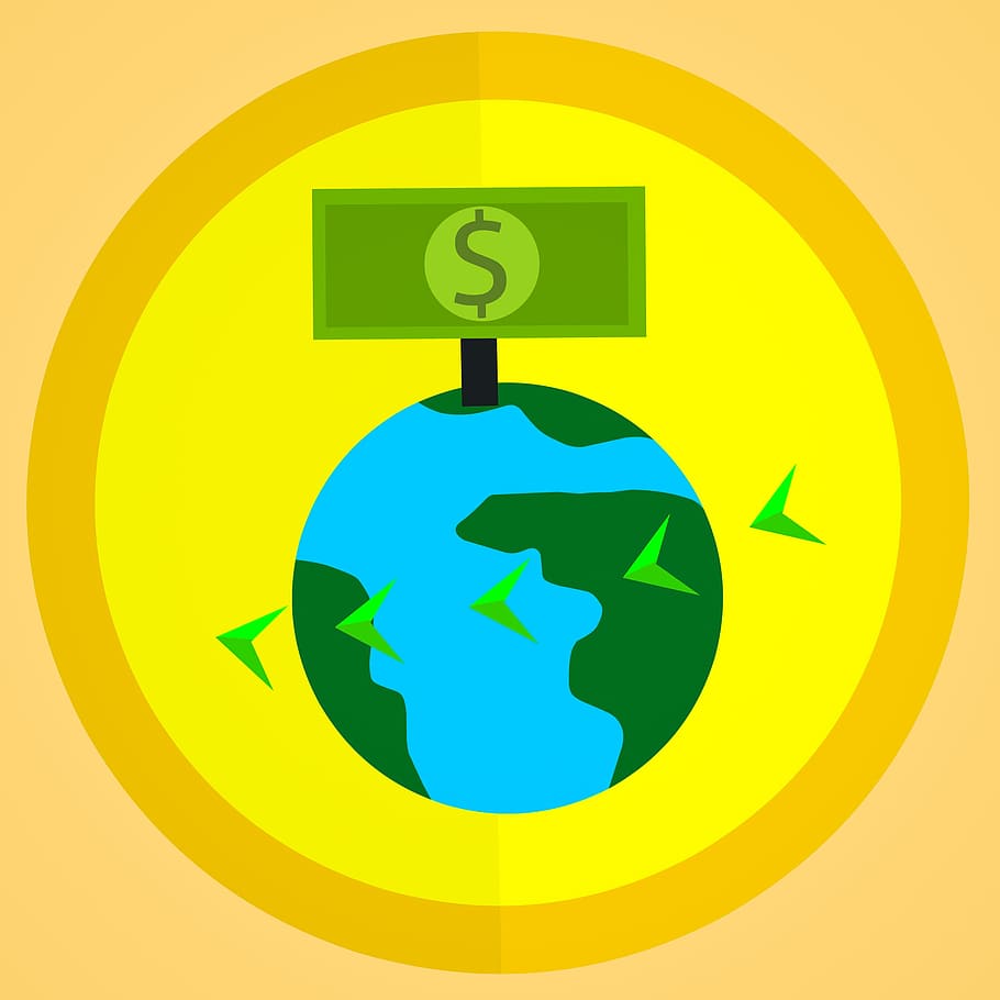 illustration, moving, money, around, world, transfer., money transfer, earth, bill, business