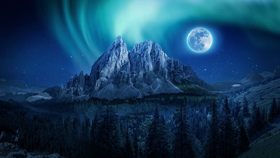 mountain, aurora, moon, night, northern lights, landscape, night sky, star, forest, rock