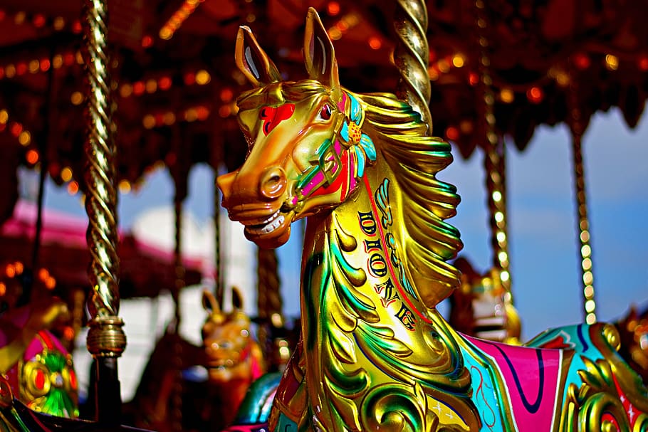 carousel horse, ride, fair, fairground, foreground, blue sky, day, famous, traditional carousel, colours