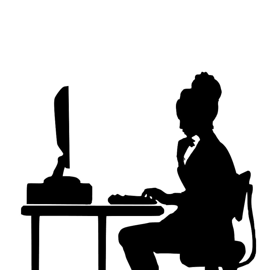 silhueta, mulher, sentado, mesa, programação Software de computador, programador, computador, suporte, site, trabalho