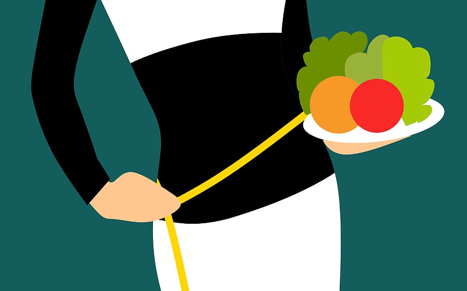 ilustração, mulher fazendo dieta, alimentação, salada, dieta, perda de gordura, perda de peso, lipoaspiração, mulher, conceito