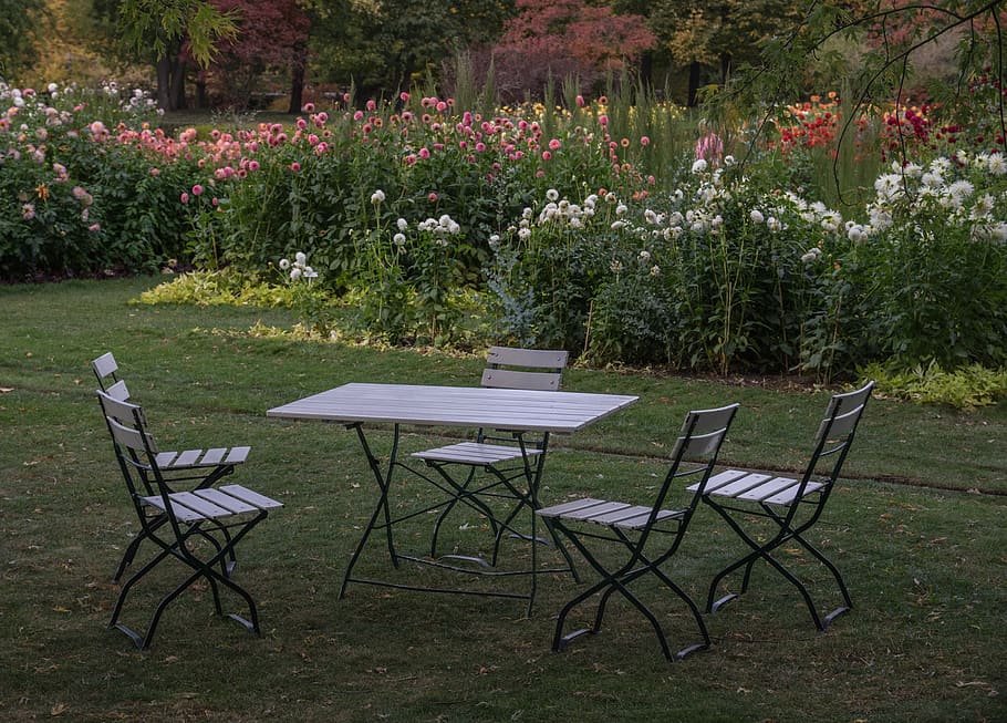garden table, garden chair, garden, garden furniture, seat, seating arrangement, nature, sit, relaxation, plant