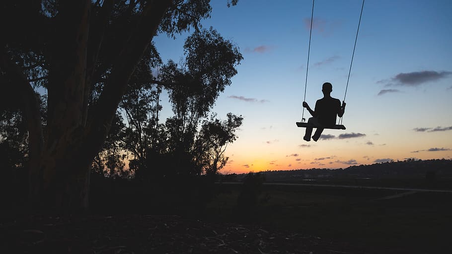 swing, silhouette, shadow, people, sunset, dusk, trees, nature, outdoors, fun