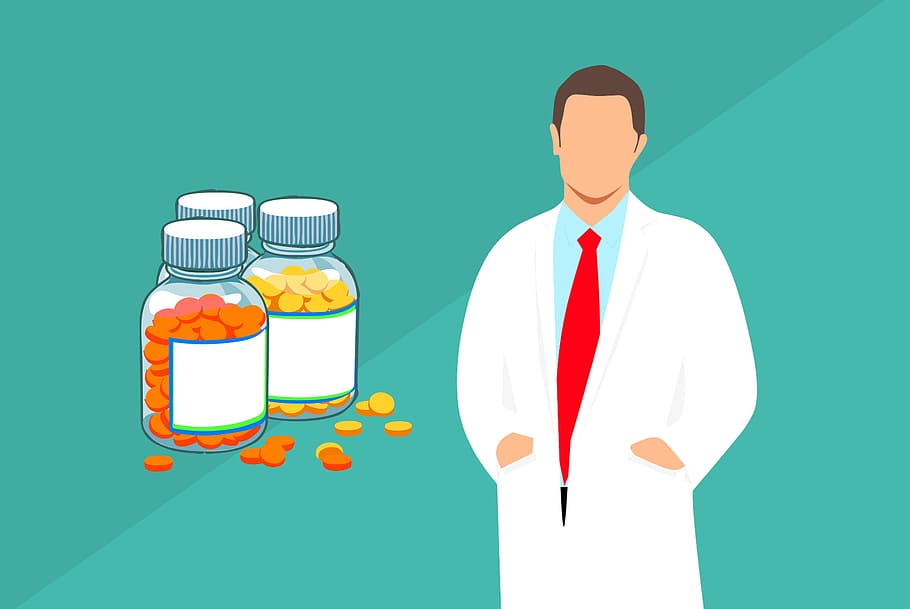 illustration, pharmacist, pill bottles, bottles., pharmacy, medicine, man, shelves, healthcare, medical