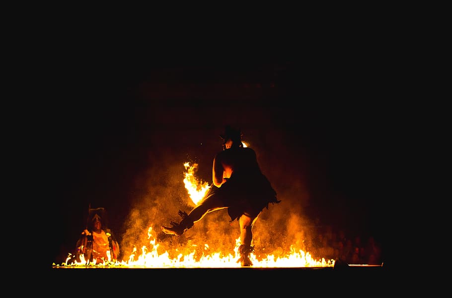 play, fire, dance, dancer, thrill, yellow, dark, burning, flame, fire - natural phenomenon