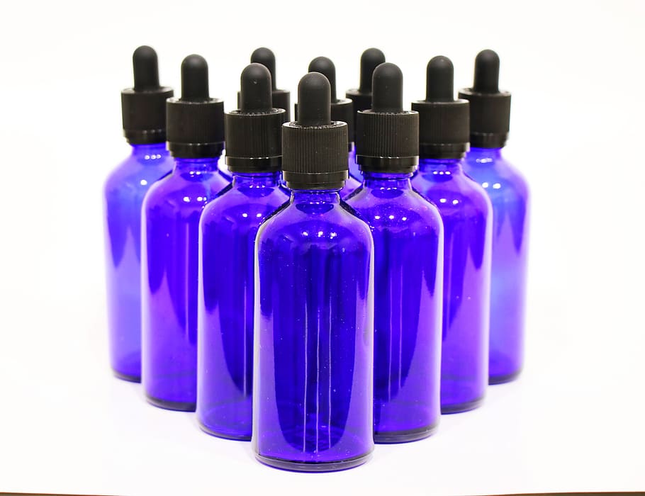 blue, glass, dropper, bottles, 100 ml, bottle, white background, container, studio shot, indoors