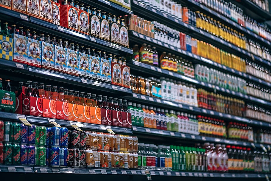 beverages, bottles, shelf, cans, coke, cola, consumption, diet, drink, supermarket