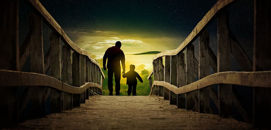 father and son, bridge, happiness, man, west, boards, peace of mind, relaxation, landscape, cloud cover