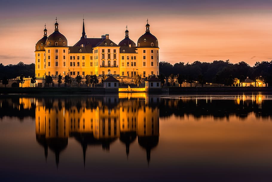 castelo moritzburg, castelo, castelo moritz, noite, pôr do sol, saxônia, arquitetura, marco, cinderela, reflexão