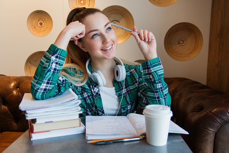 girl, young, student, sitting, table, books, notebook, pen, study, homework
