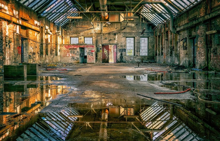 hall, factory, mirroring, symmetry, lost places, pforphoto, atmosphere, ruin, abandoned, building