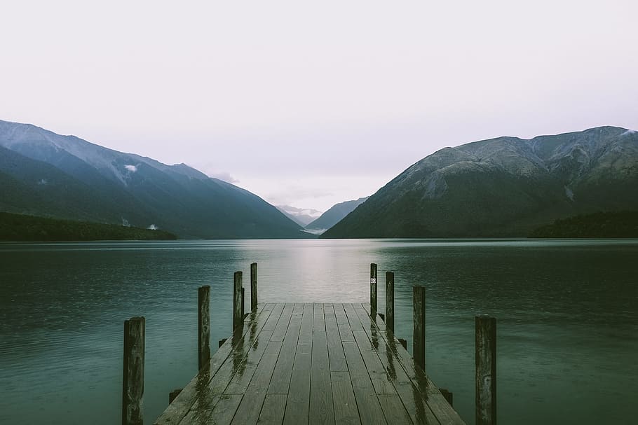 mountain, highland, cloud, sky, landscape, view, pier, wood, water, lake