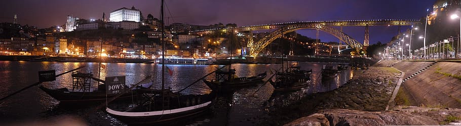 Porto, Portugal, puente, Duero, noche, paisaje urbano, hito, arquitectura, agua, iluminado