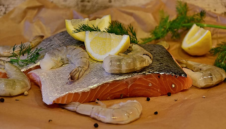 salmón, pescado, gambas, crudo, mariscos, fresco, camarones, filete de salmón, saludable, comida