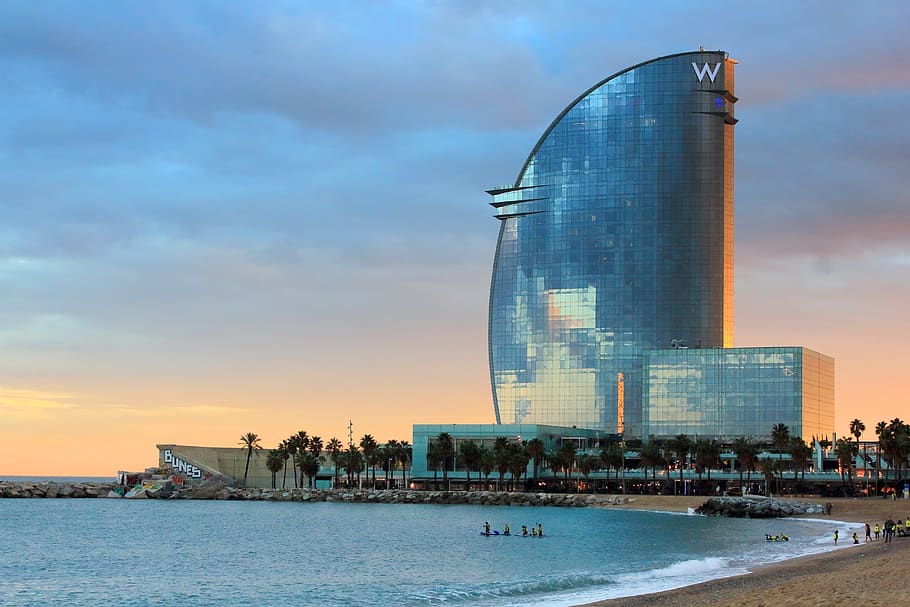 barcelona, ​​hotel w barcelona, ​​catalonia, spanyol, langit, struktur yang dibangun, eksterior bangunan, arsitektur, air, bangunan