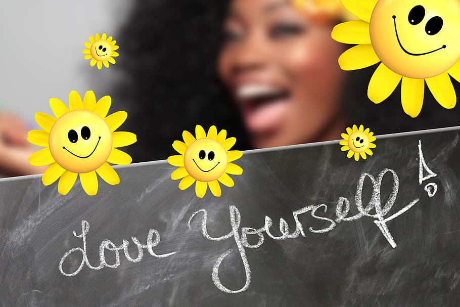 self love, board, blackboard, wall, chalk, sun, sunflower, smilie, woman, smile