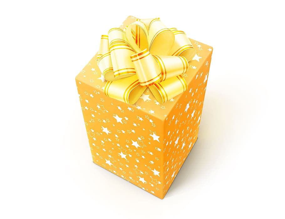 yellow, gift, box, white, bow, present, cube, birthday, isolated, greeting