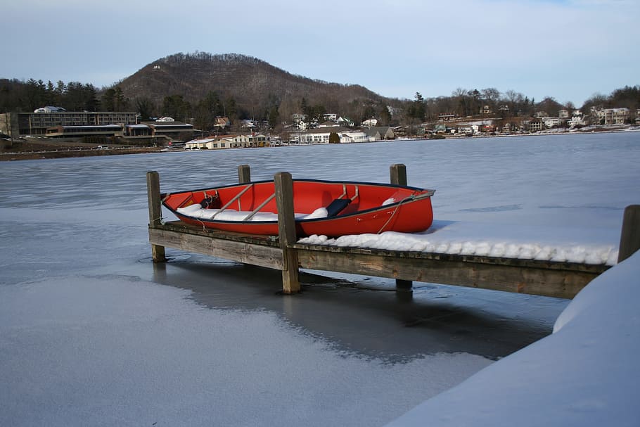 canoe, snowy, dock, lake., lake junaluska, winter, water, snow, boat, nautical vessel