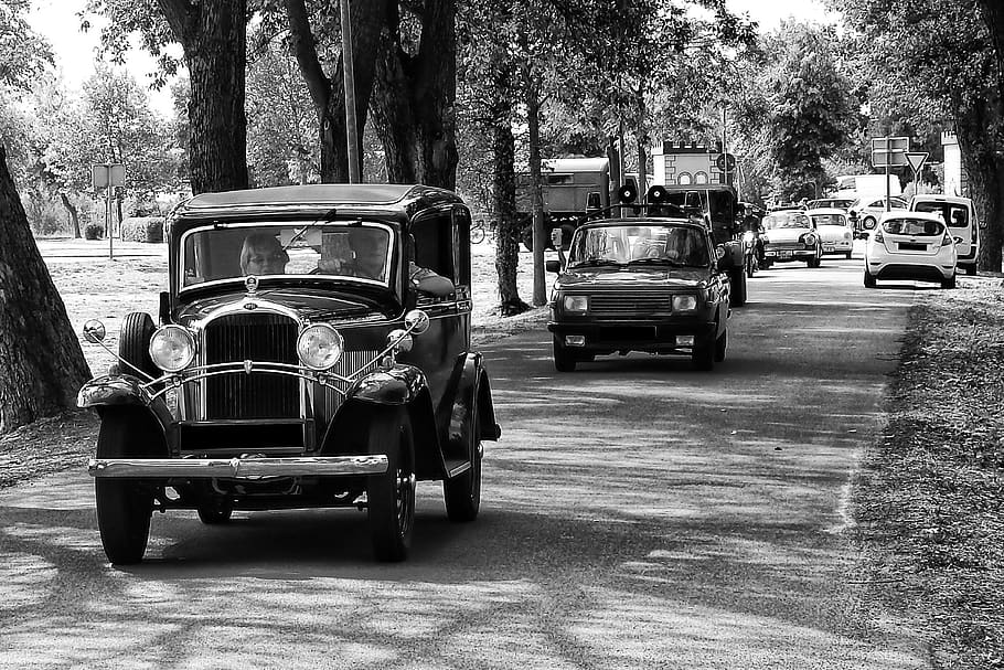 blanco y negro, auto, veterano, históricamente, opel, 1, 2l limusina 1934 35, modo de transporte, transporte, vehículo terrestre