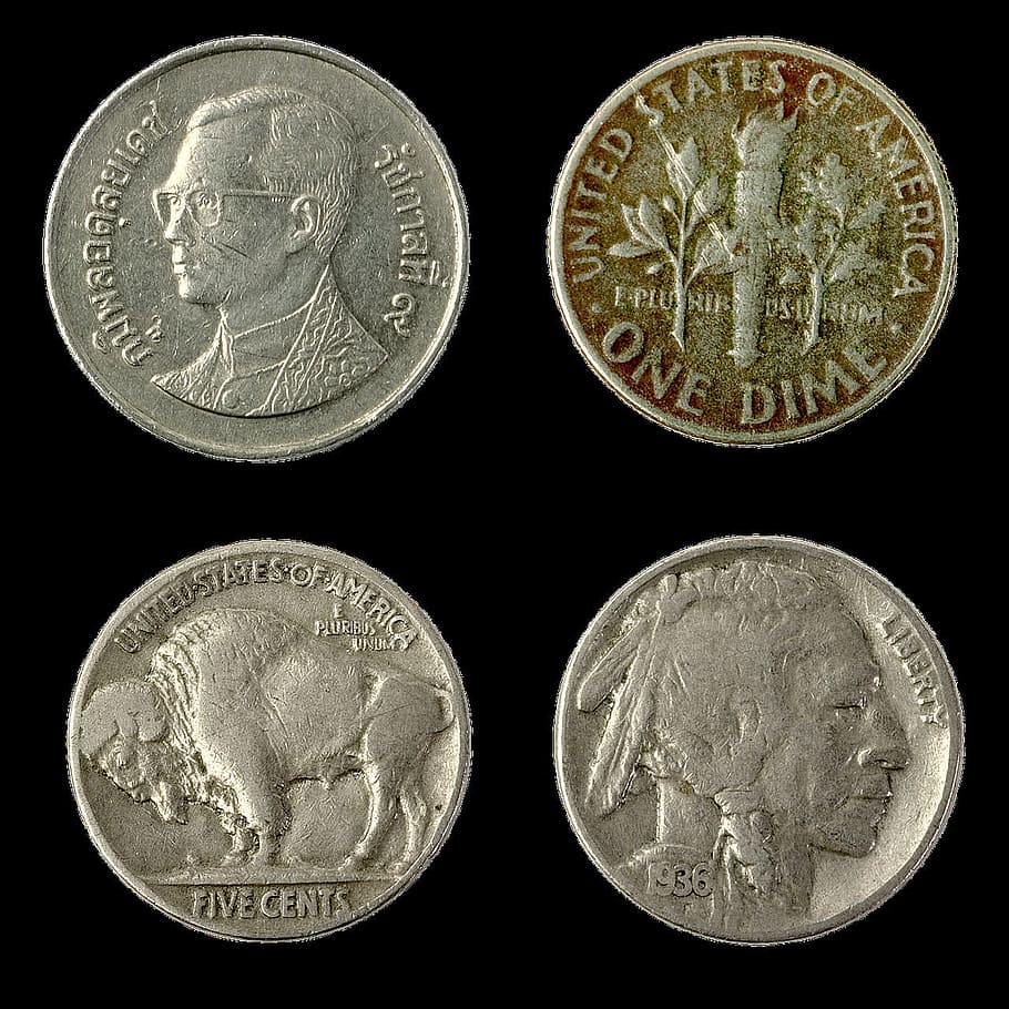 rupia, uno, centavo, objeto, metal, moneda, dinero, americano, moneda de diez centavos, fondo negro