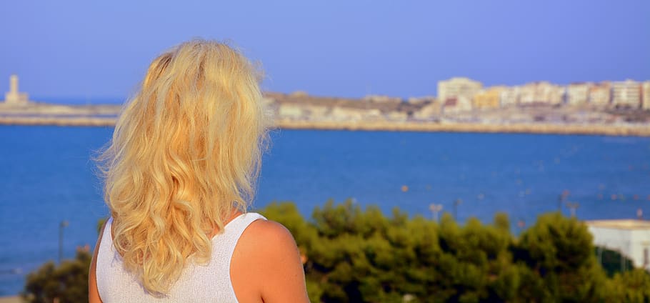 admire, blonde, woman, sea, landscape, city, country, hair, vieste, gargano