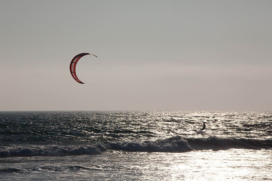 windsurf, océano pacífico, tarde, océano, cometa, olas, reflejo, mar, cielo, deporte