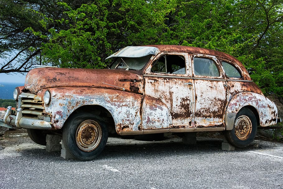 coche de época, oxidado, viejo, coche clásico, automóvil, decaimiento, coche, vintage, óxido, bloques de cemento