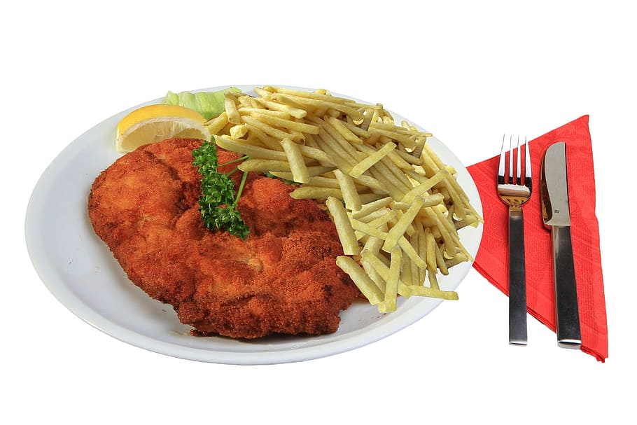 chicken, fried, food, fresh, nature, chips, potato, plate, restaurant, white background