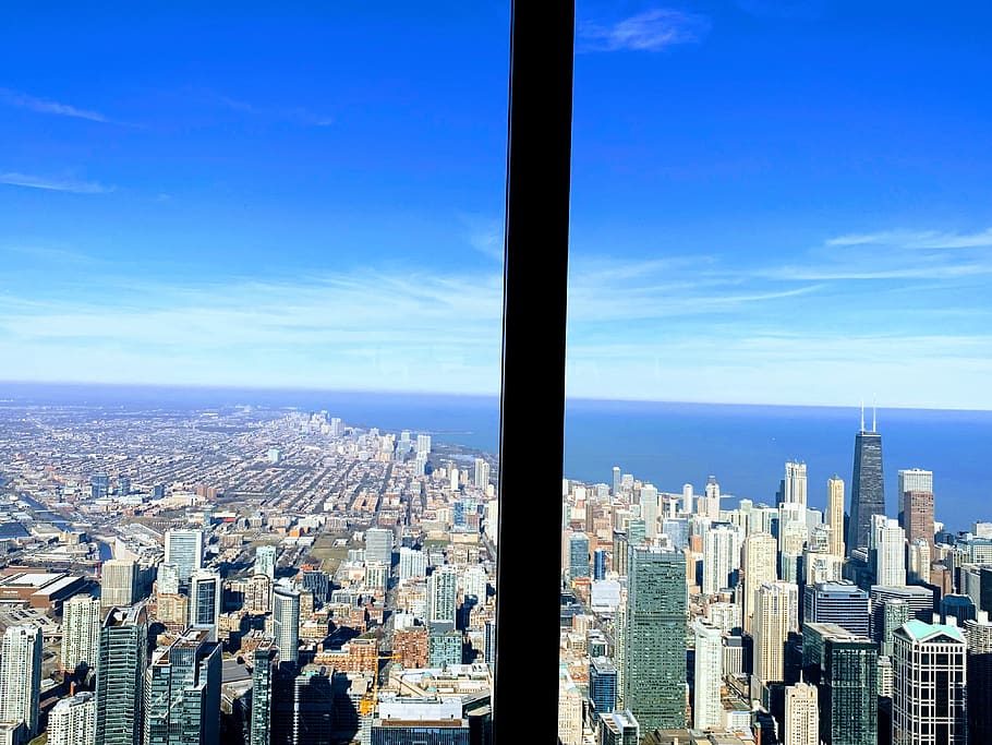 chicago, vista, gatilhos, vista para o céu, arranha-céus, metropolitano, urbano, illinois, edifícios, cidade