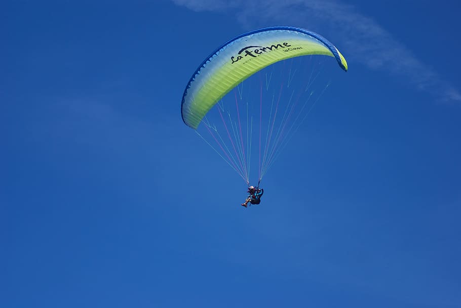 paraglide, fly, sky, blue, sport, extreme, parachute, parasailing, extreme sports, adventure