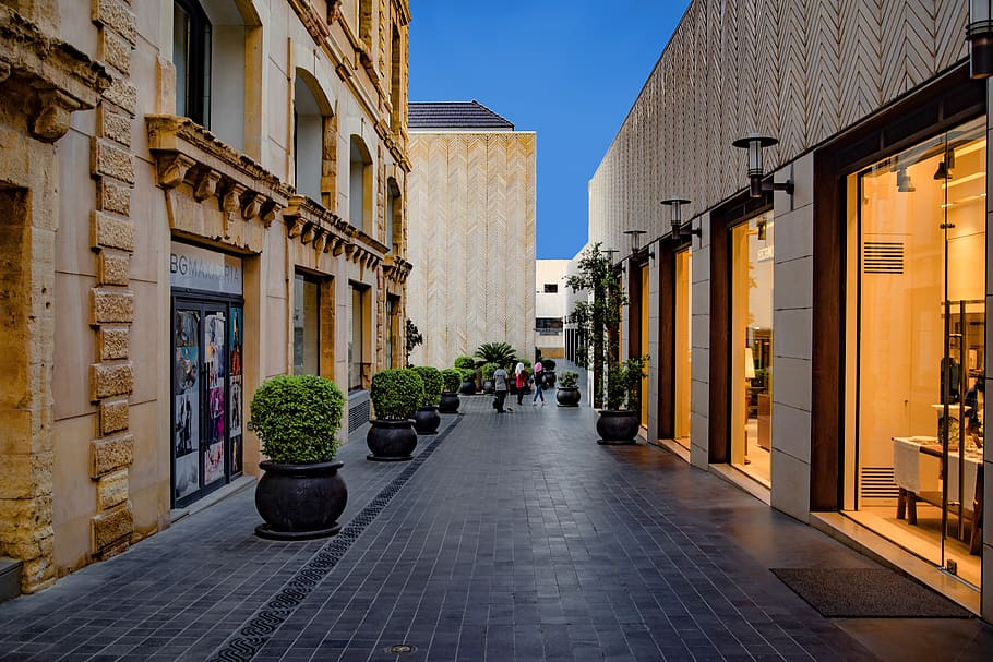 shop center, street, city, shopping, evening, modern, architecture, beirut, lebanon, building exterior