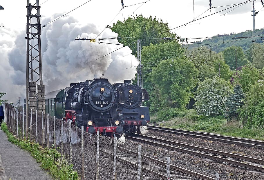 the steam spectacle in 2018, steam locomotive, parallel travel, double exit, railway, train, railway line, goods train locomotive, express train, br52