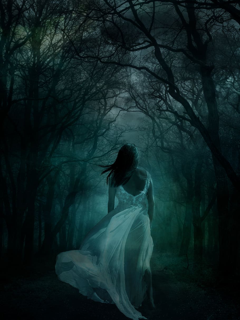 woman, female, girl, white dress, wood, forest, sleep walking, darkness, dark, breeze
