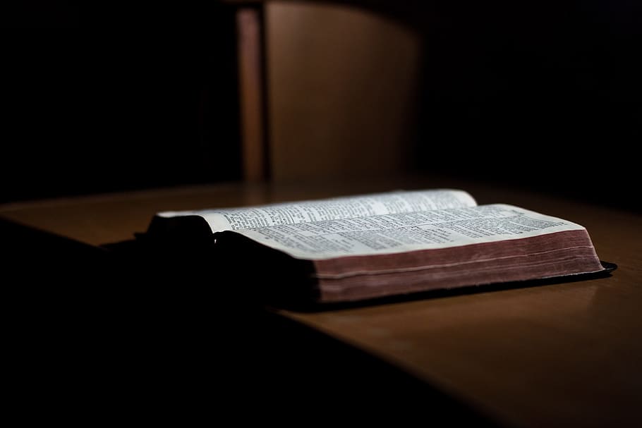 libro, biblia, lectura, mesa, oscuro, sala, en el interior, sin gente, sombra, primer plano