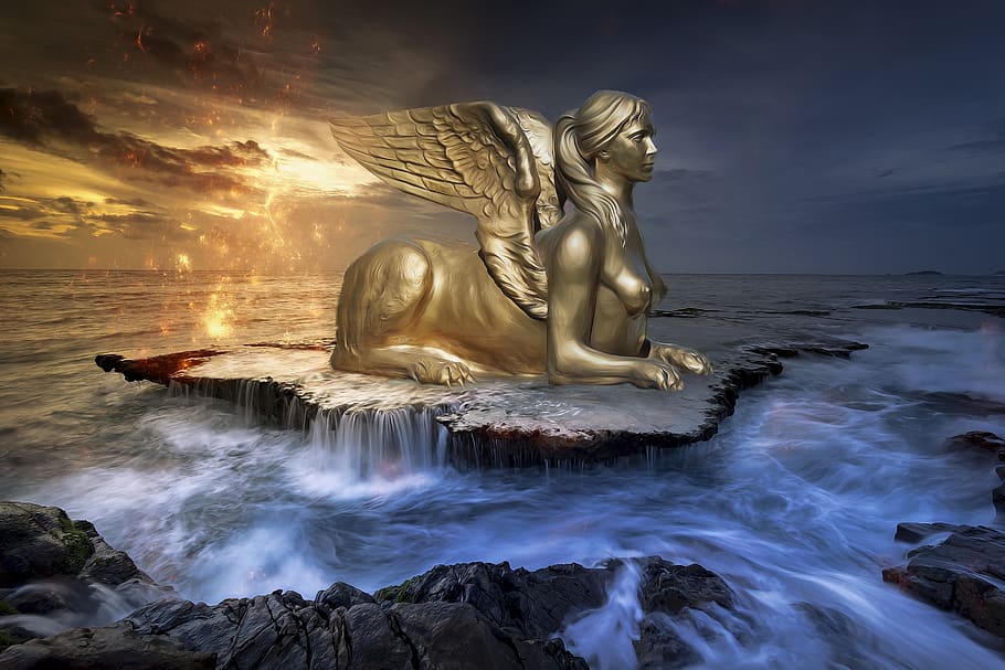 fantasy, dark, sphinx, statue, woman, female, sea, coast, water, rocks