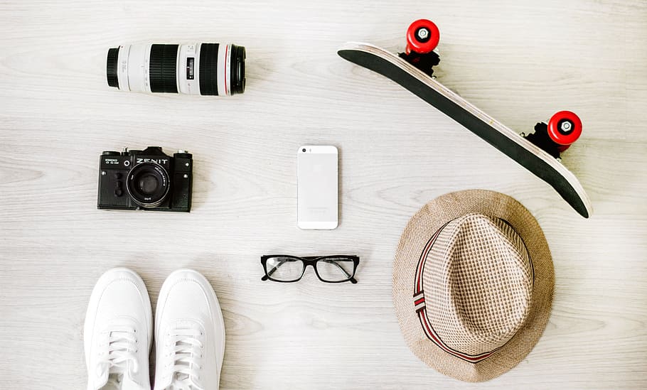 skateboard, trainers, hat, glasses, lens, photography, camera, mobile, phone, device