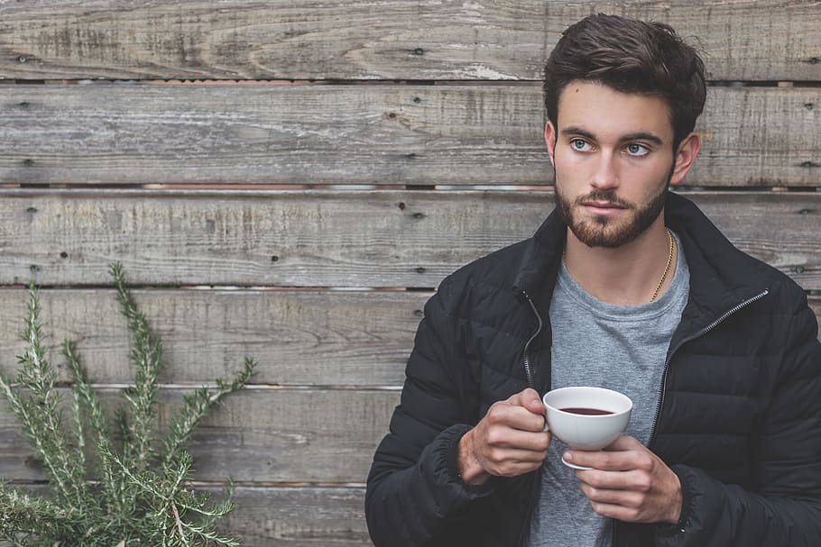 man, coffee, wood, wall, plant, rustice, young, people, male, grey