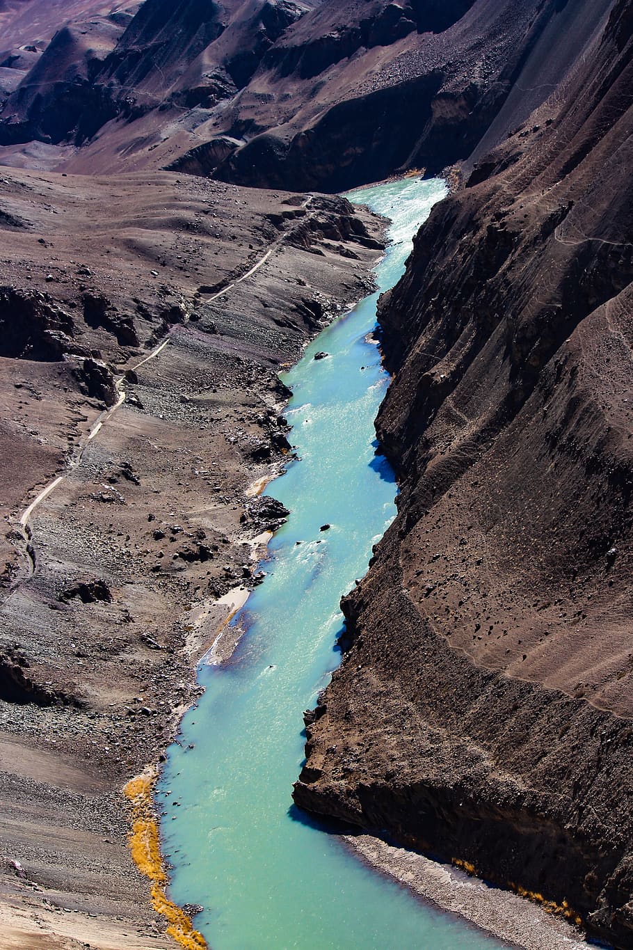 river, valley, leh, ladakh, landscape, water, mountain, rock, travel, mountains